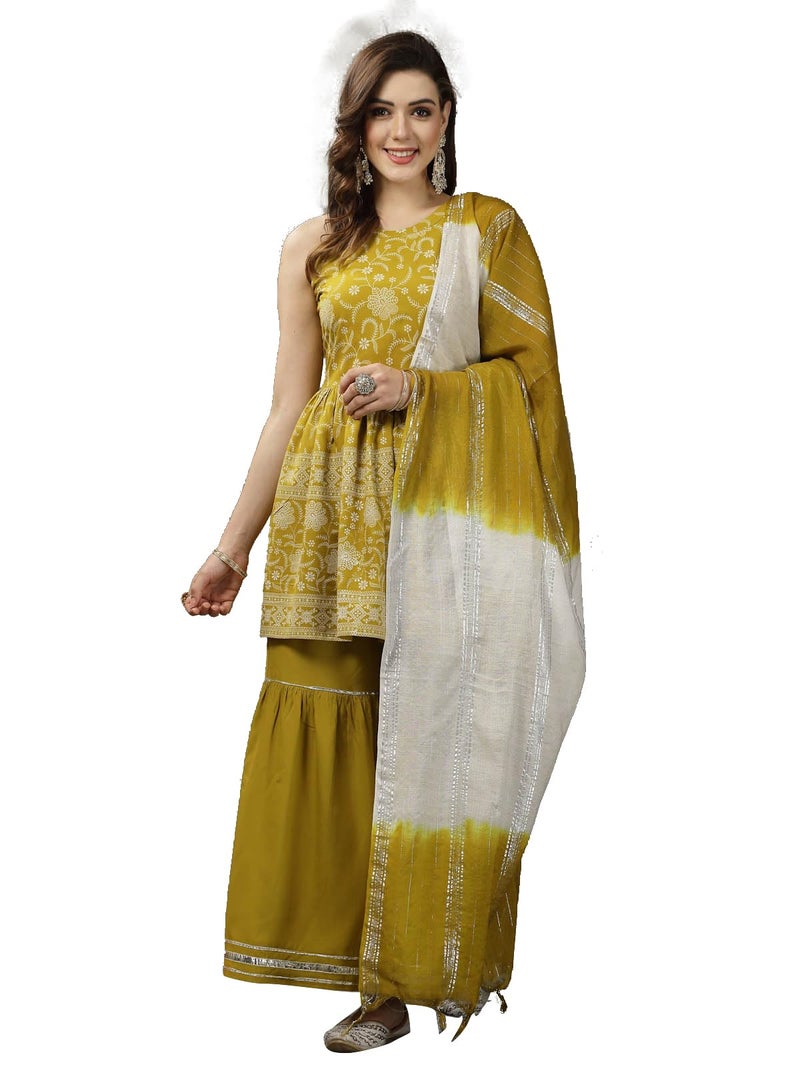 Stylum Women's Floral Printed Rayon Pleated Kurta Sharara Dupatta Set (KSDCORNFISH42_Mustard, XL) - Image 1