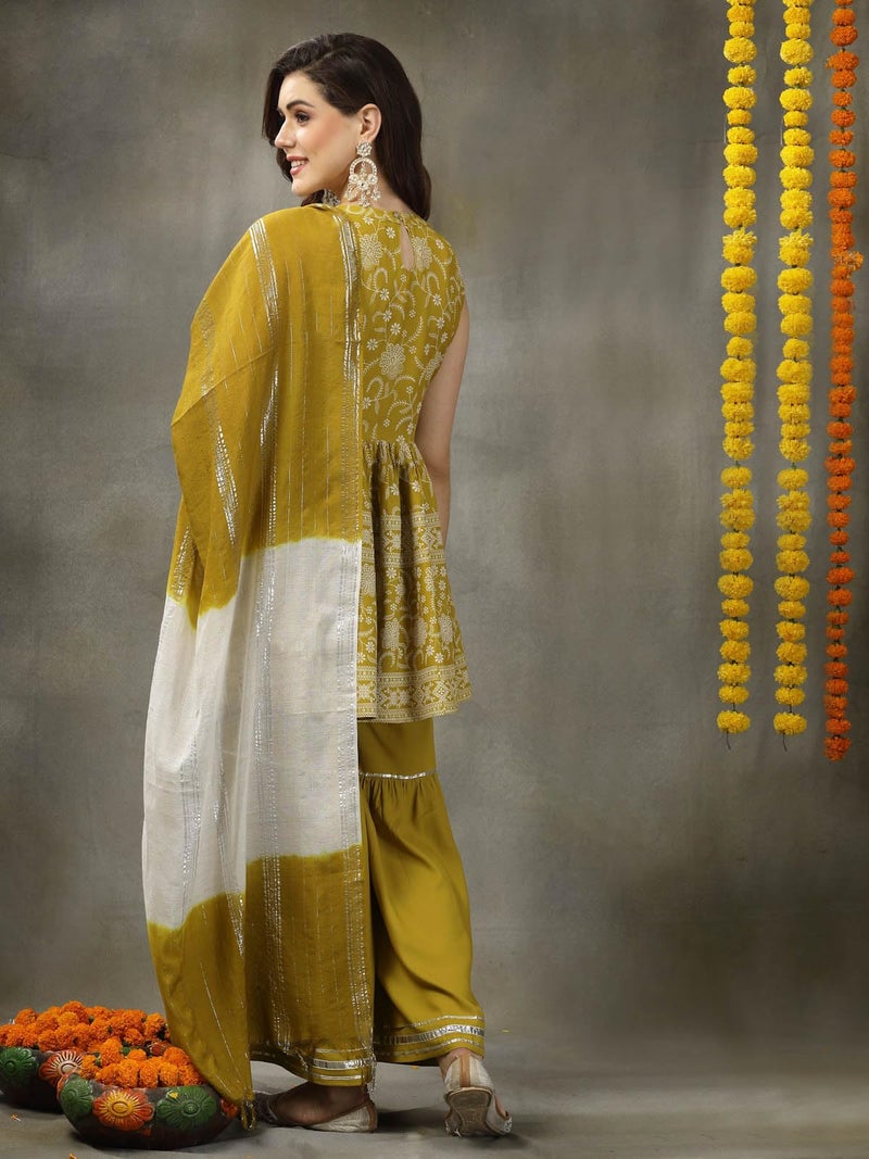 Stylum Women's Floral Printed Rayon Pleated Kurta Sharara Dupatta Set (KSDCORNFISH42_Mustard, XL) - Image 2