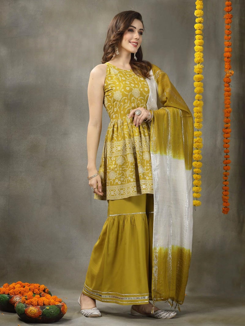 Stylum Women's Floral Printed Rayon Pleated Kurta Sharara Dupatta Set (KSDCORNFISH42_Mustard, XL) - Image 3