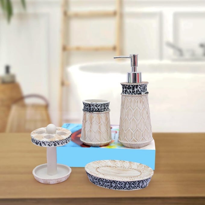 4 PIECE BATHROOM ACCESSORIES SET COLLECTION BATH SET FEATURES SOAP DISPENSER BATHROOM SET RESIN WITH BATH SET WITH LIQUID HANDWASH TOOTHBRUSH HOLDER TUMBLER SOAP DISH MO02