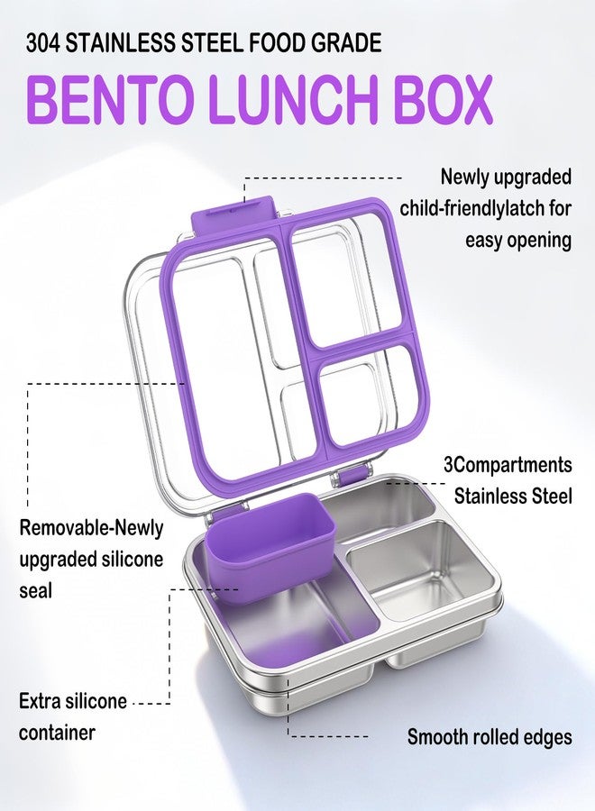 BABHAMNESS Stainless Steel Bento Lunch Box for Kids Adults, 3 Compartments Metal Bento Box with Transparent Lid & Silicone Container for Kids,Dishwasher-Safe,School & Travel,BPA-Free(Purple) - Image 2