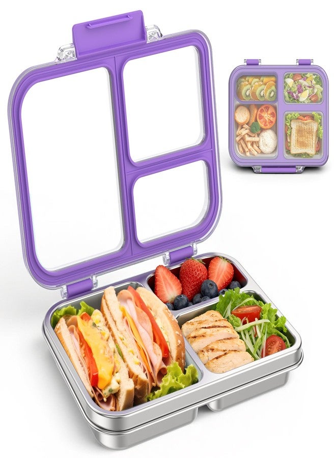BABHAMNESS Stainless Steel Bento Lunch Box for Kids Adults, 3 Compartments Metal Bento Box with Transparent Lid & Silicone Container for Kids,Dishwasher-Safe,School & Travel,BPA-Free(Purple) - Image 1