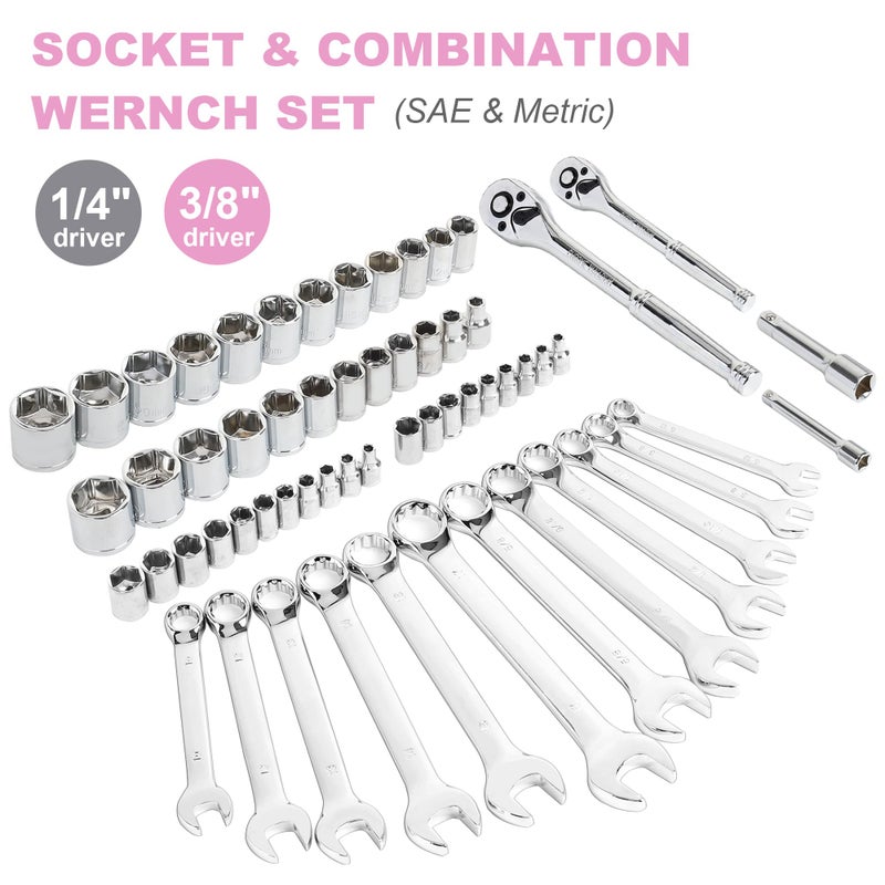 FASTPRO 225-Piece Pink Tool Set, SAE & Metric Mechanics Hand Tool Set with Toolbox, Home/Auto Repairing Tool Kit for DIY, Home Maintenance and Car Repairing - Image 5
