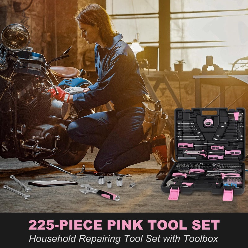 FASTPRO 225-Piece Pink Tool Set, SAE & Metric Mechanics Hand Tool Set with Toolbox, Home/Auto Repairing Tool Kit for DIY, Home Maintenance and Car Repairing - Image 3