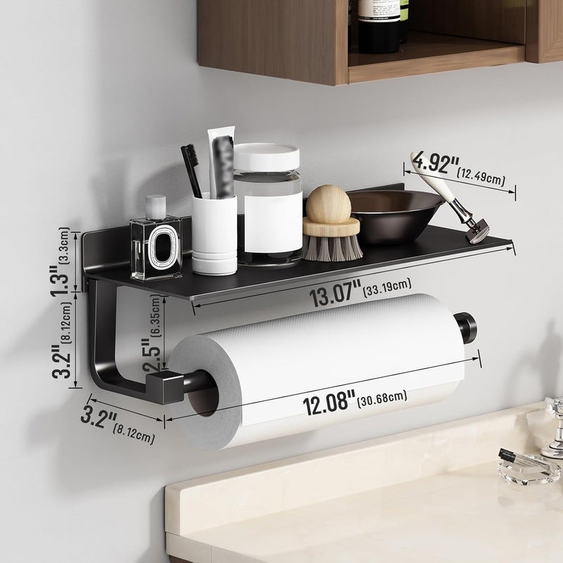 Danpoo Wall Mount Paper Towel Holder with Shelf for Bathroom/Kitchen, Adhesive Hand Towel Holder, Matte Black - Image 2