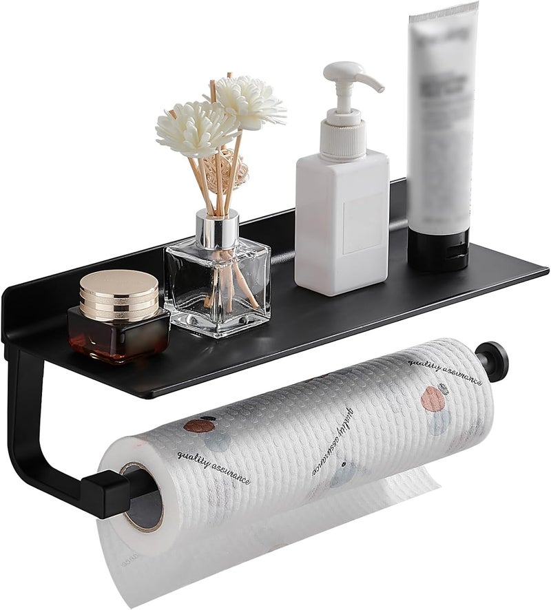 Danpoo Wall Mount Paper Towel Holder with Shelf for Bathroom/Kitchen, Adhesive Hand Towel Holder, Matte Black - Image 1