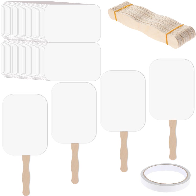TaoBary 50 Pieces DIY Paper Church Fans Handheld Set Fan Sticks Wooden Handle Craft Sticks Wavy with Blank White Cardstock Tape for Wedding Celebration - Image 1