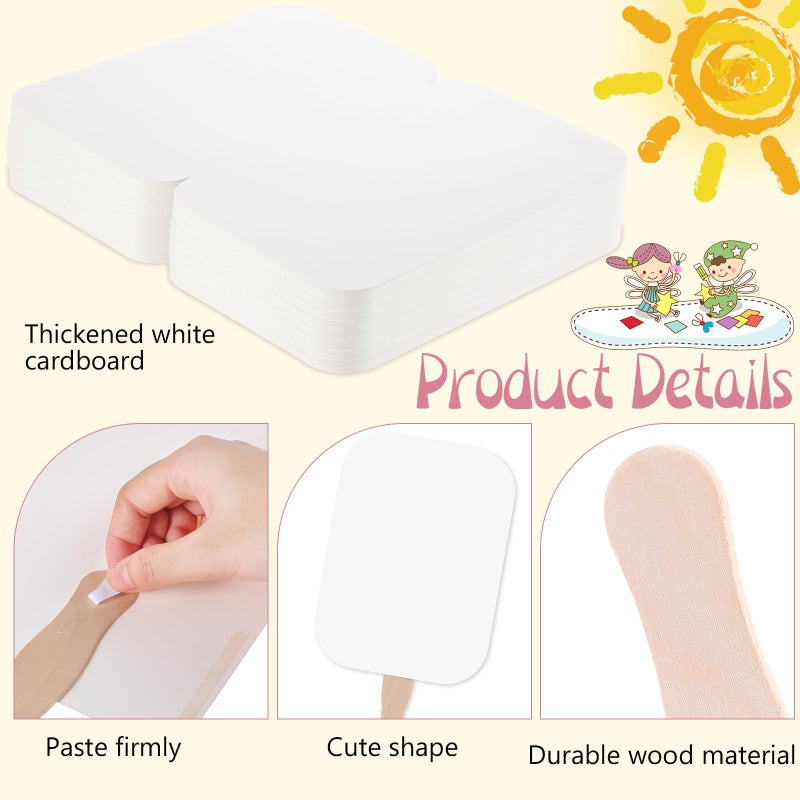 TaoBary 50 Pieces DIY Paper Church Fans Handheld Set Fan Sticks Wooden Handle Craft Sticks Wavy with Blank White Cardstock Tape for Wedding Celebration - Image 3