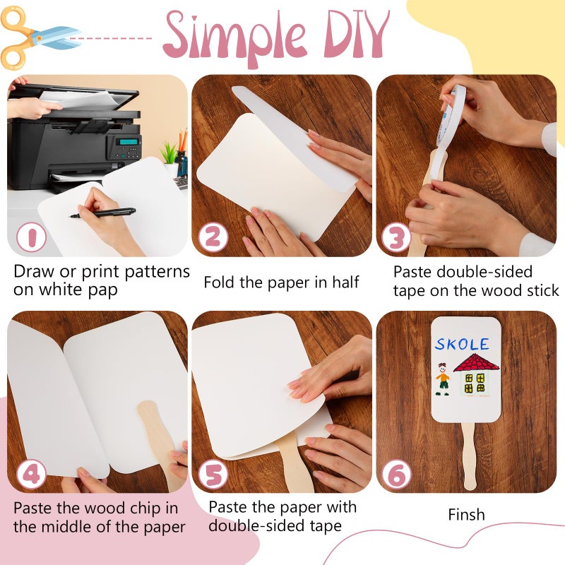 TaoBary 50 Pieces DIY Paper Church Fans Handheld Set Fan Sticks Wooden Handle Craft Sticks Wavy with Blank White Cardstock Tape for Wedding Celebration - Image 4