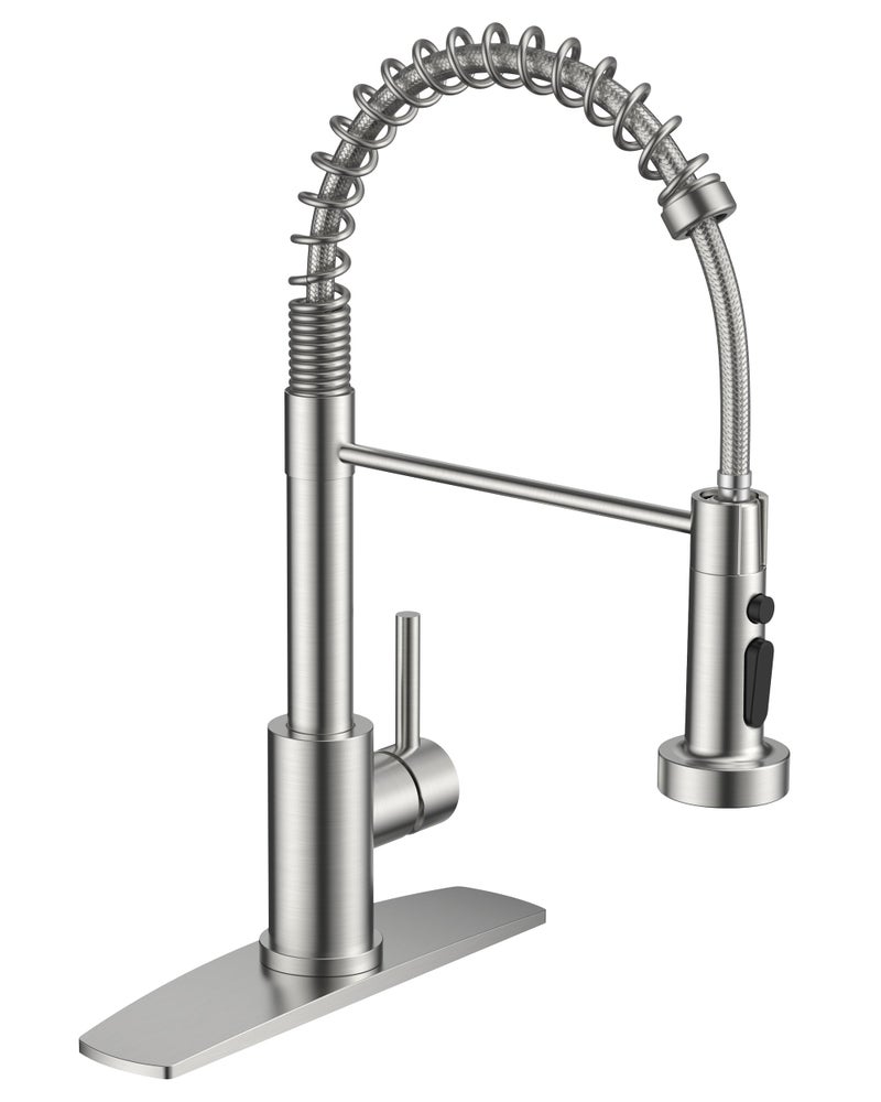 FORIOUS Kitchen Faucets with Sprayer, Brushed Nickel Stainless Steel Sink Faucet Single Handle with Deck Plate, Commercial Classic Spring Faucet for Kitchen Sink, Bar & Prep Sinks, Laundry RV Camper - Image 1