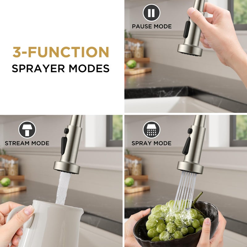 FORIOUS Kitchen Faucets with Sprayer, Brushed Nickel Stainless Steel Sink Faucet Single Handle with Deck Plate, Commercial Classic Spring Faucet for Kitchen Sink, Bar & Prep Sinks, Laundry RV Camper - Image 4