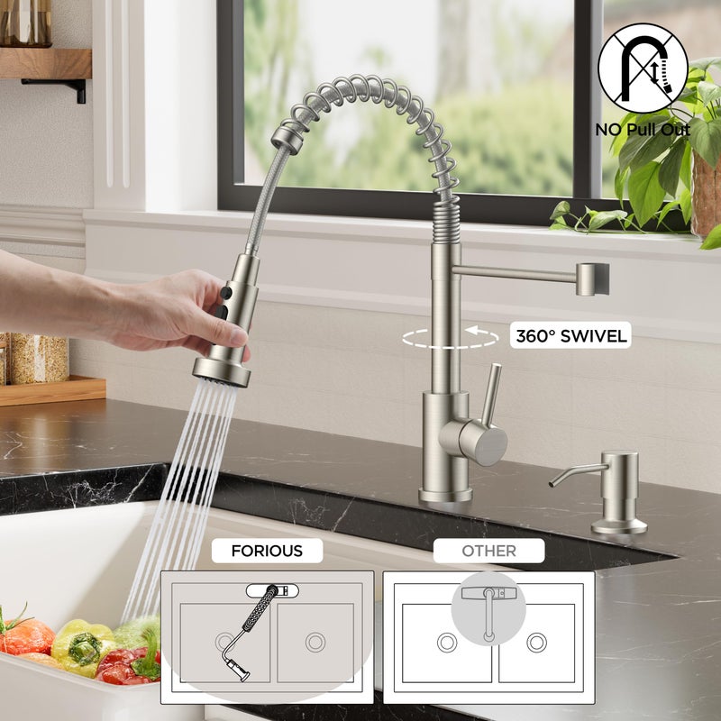 FORIOUS Kitchen Faucets with Sprayer, Brushed Nickel Stainless Steel Sink Faucet Single Handle with Deck Plate, Commercial Classic Spring Faucet for Kitchen Sink, Bar & Prep Sinks, Laundry RV Camper - Image 5