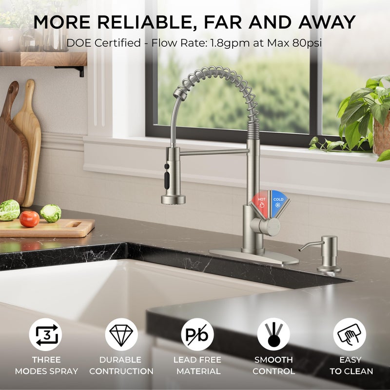 FORIOUS Kitchen Faucets with Sprayer, Brushed Nickel Stainless Steel Sink Faucet Single Handle with Deck Plate, Commercial Classic Spring Faucet for Kitchen Sink, Bar & Prep Sinks, Laundry RV Camper - Image 3
