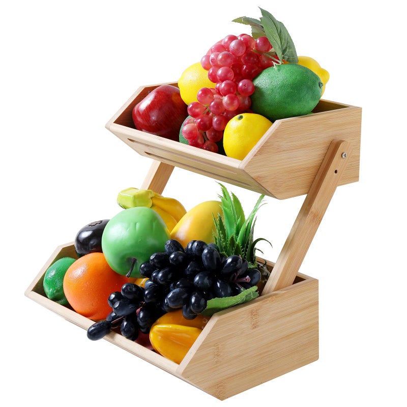 WELLAND Countertop Fruit Basket Bowl for Kitchen Dining Table 2 Tier Bamboo Bread Vegetable Snack Storage
