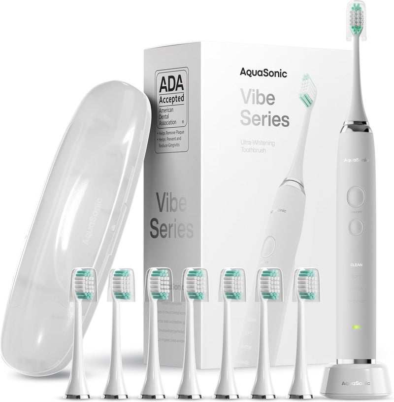 Aquasonic Vibe Series Ultra-Whitening Toothbrush – ADA Accepted Electric Toothbrush - 8 Brush Heads & Travel Case – 40,000 VPM Motor & Wireless Charging - 4 Modes w Smart Timer – Optic White - Image 1