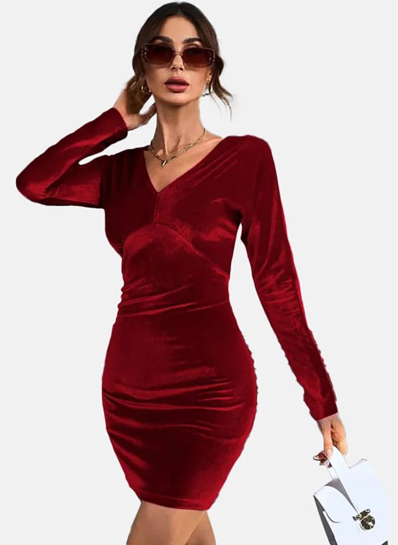يونيكي Red Solid Long Sleeve V Neck Mini A-Line Dress