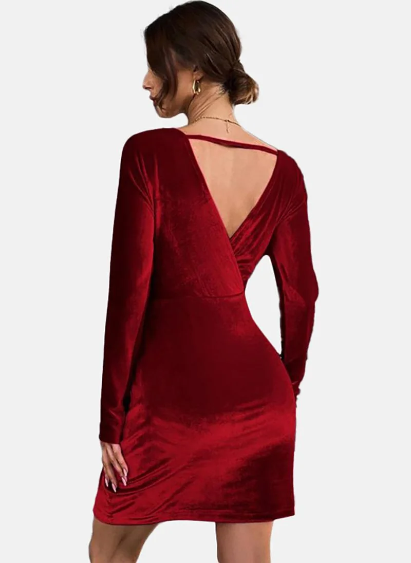 يونيكي Red Solid Long Sleeve V Neck Mini A-Line Dress