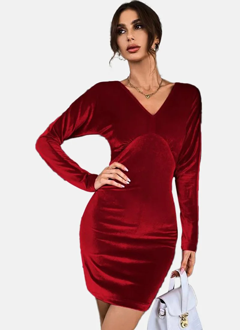 يونيكي Red Solid Long Sleeve V Neck Mini A-Line Dress