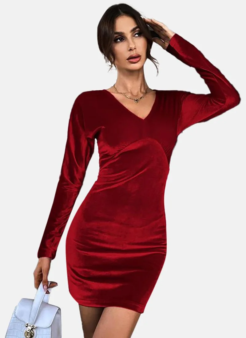 يونيكي Red Solid Long Sleeve V Neck Mini A-Line Dress