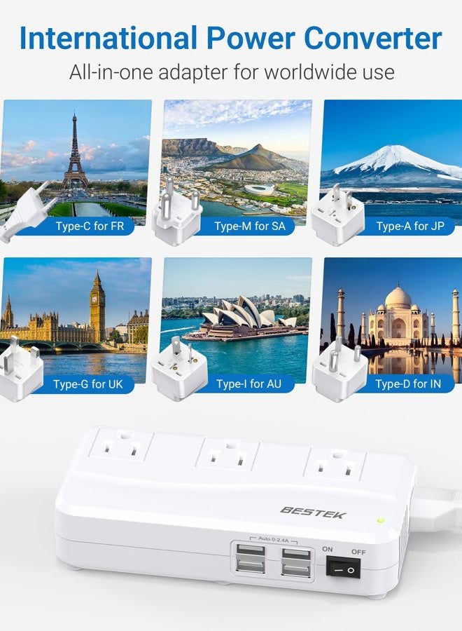 BESTEK International Power Adapter 250W, 220V to 110V Step Down Travel Voltage Converter with 4-Port USB Including US/AU/EU/UK//India/South Africa Plug Adapter (White) - Image 2