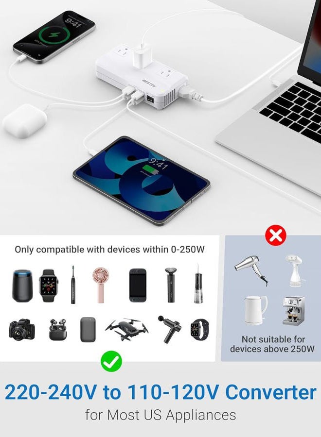 BESTEK International Power Adapter 250W, 220V to 110V Step Down Travel Voltage Converter with 4-Port USB Including US/AU/EU/UK//India/South Africa Plug Adapter (White) - Image 3