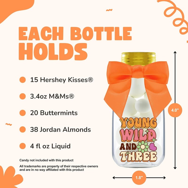 Ethisa Small 12 Pack Young Wild and Three Party Favors - DIY Candy Jars with Ribbons and Stickers - Funky Groovy Party Decoration Bottles for 3rd Birthday for Boy or Girl - Retro Table Centerpieces - Image 4
