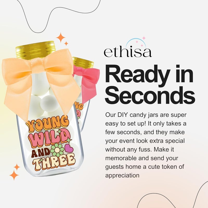 Ethisa Small 12 Pack Young Wild and Three Party Favors - DIY Candy Jars with Ribbons and Stickers - Funky Groovy Party Decoration Bottles for 3rd Birthday for Boy or Girl - Retro Table Centerpieces - Image 3