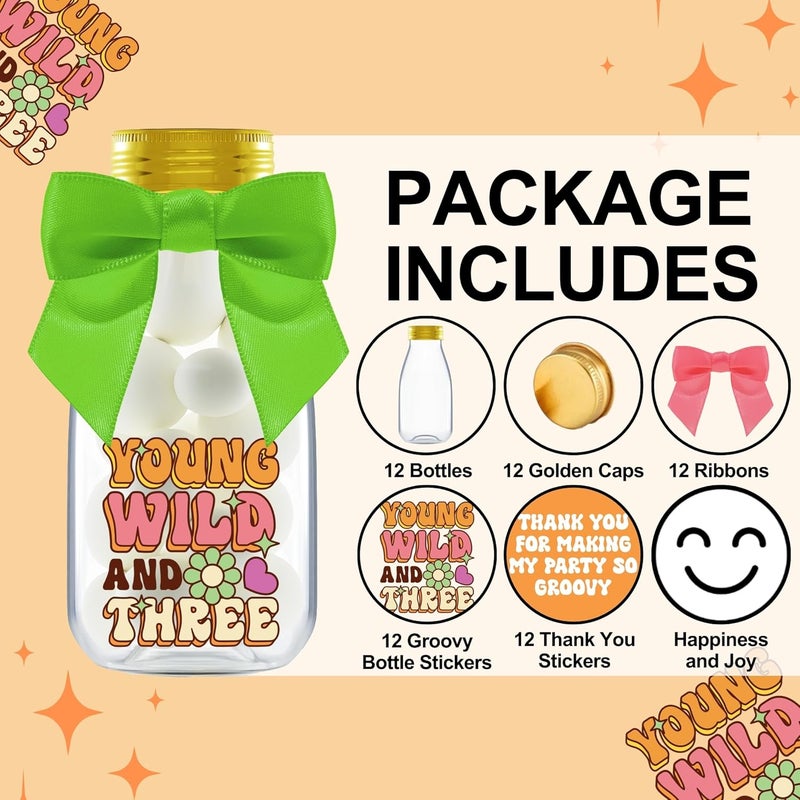 Ethisa Small 12 Pack Young Wild and Three Party Favors - DIY Candy Jars with Ribbons and Stickers - Funky Groovy Party Decoration Bottles for 3rd Birthday for Boy or Girl - Retro Table Centerpieces - Image 2
