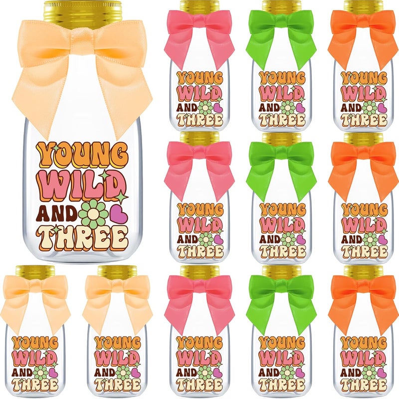 Ethisa Small 12 Pack Young Wild and Three Party Favors - DIY Candy Jars with Ribbons and Stickers - Funky Groovy Party Decoration Bottles for 3rd Birthday for Boy or Girl - Retro Table Centerpieces - Image 1