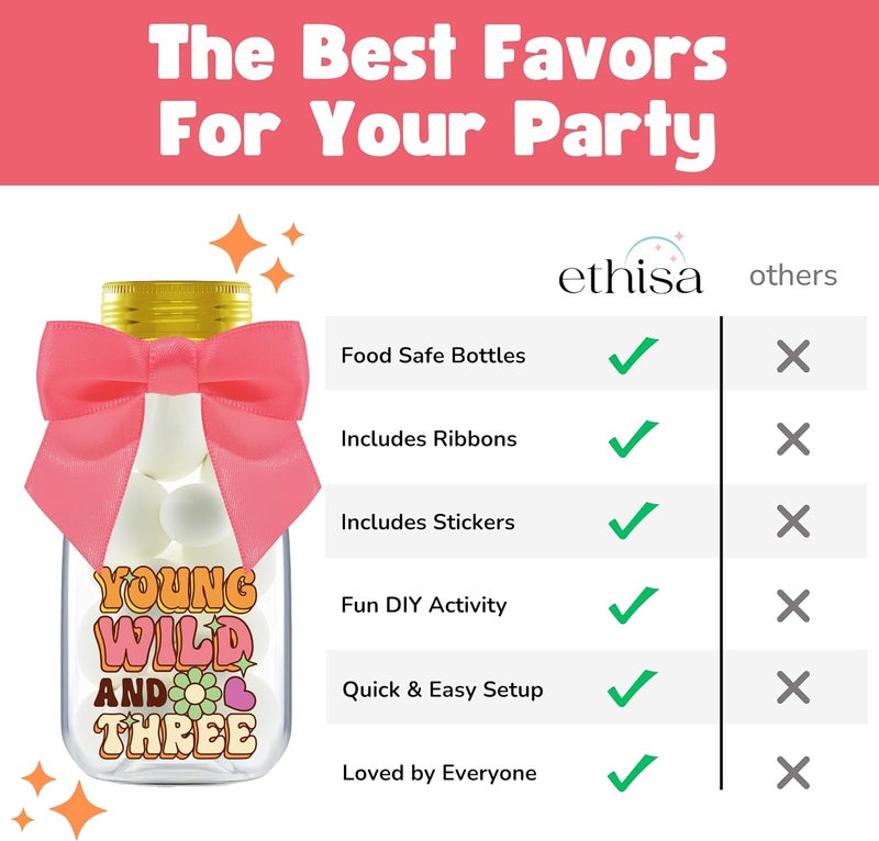 Ethisa Small 12 Pack Young Wild and Three Party Favors - DIY Candy Jars with Ribbons and Stickers - Funky Groovy Party Decoration Bottles for 3rd Birthday for Boy or Girl - Retro Table Centerpieces - Image 5