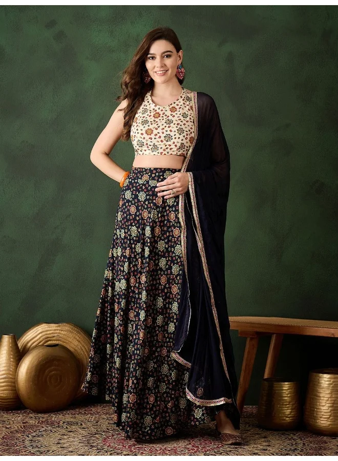 AKS Black Gold Foil printed lehenga choli with halter neck blouse