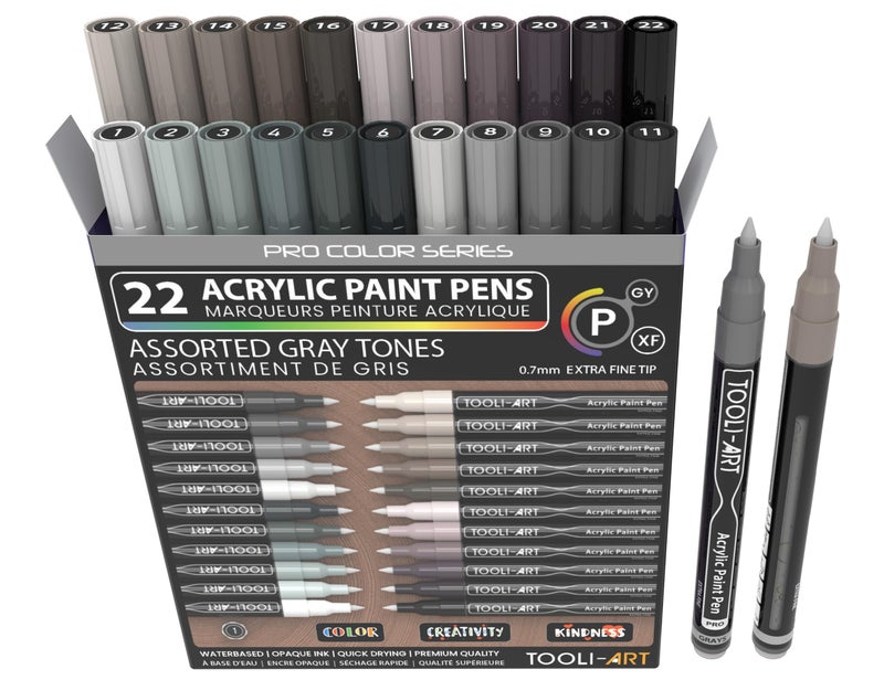 TOOLI-ART Acrylic Paint Pens 22 Gray Tones Assorted Pro Color Series Markers Set 0.7mm Extra Fine Tip for Rock Painting, Glass, Mugs, Wood, Metal, Canvas, Projects, Non Toxic, Waterbased, Quick Drying - Image 1