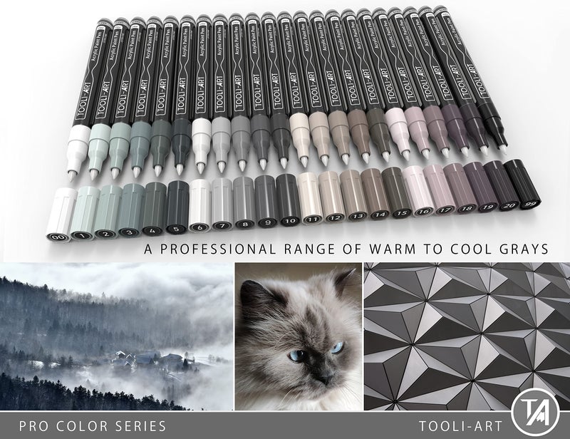 TOOLI-ART Acrylic Paint Pens 22 Gray Tones Assorted Pro Color Series Markers Set 0.7mm Extra Fine Tip for Rock Painting, Glass, Mugs, Wood, Metal, Canvas, Projects, Non Toxic, Waterbased, Quick Drying - Image 2