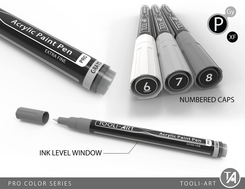 TOOLI-ART Acrylic Paint Pens 22 Gray Tones Assorted Pro Color Series Markers Set 0.7mm Extra Fine Tip for Rock Painting, Glass, Mugs, Wood, Metal, Canvas, Projects, Non Toxic, Waterbased, Quick Drying - Image 5