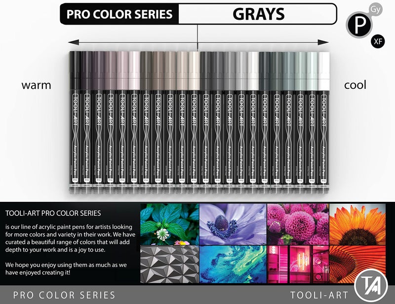 TOOLI-ART Acrylic Paint Pens 22 Gray Tones Assorted Pro Color Series Markers Set 0.7mm Extra Fine Tip for Rock Painting, Glass, Mugs, Wood, Metal, Canvas, Projects, Non Toxic, Waterbased, Quick Drying - Image 4