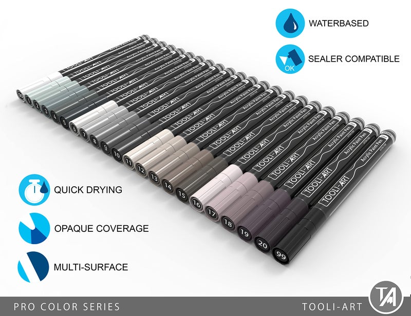 TOOLI-ART Acrylic Paint Pens 22 Gray Tones Assorted Pro Color Series Markers Set 0.7mm Extra Fine Tip for Rock Painting, Glass, Mugs, Wood, Metal, Canvas, Projects, Non Toxic, Waterbased, Quick Drying - Image 3