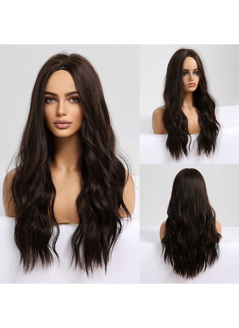 BERON BERON Brown Wigs Long Wavy Wig for Women Dark Brown Curly Heat Resistant Synthetic Hair Wigs for Daily Used with Wig Cap 