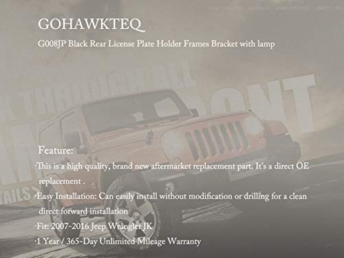 GOHAWKTEQ G008JP Black Rear License Plate Holder Frames Bracket with lamp for 2007-2016 Jeep Wrangler JK License Plates Mounting Bracket - Image 3