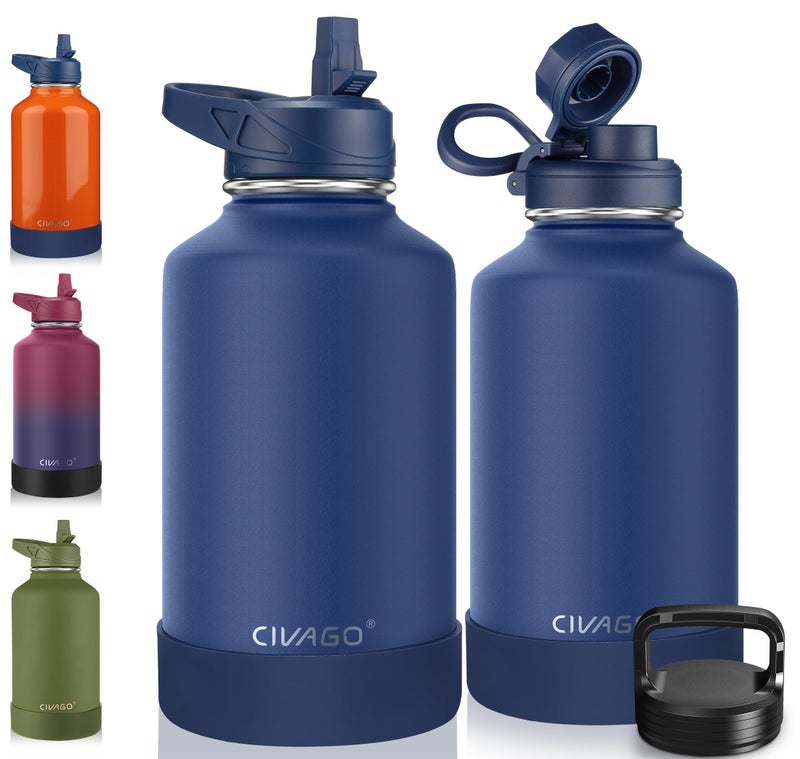 CIVAGO 64 oz Insulated Water Bottle With Straw Half Gallon Stainless Steel Sports Water Flask Jug with 3 Lids Straw Spout and Handle Lid Large Metal Thermal Cup Mug Navy Blue