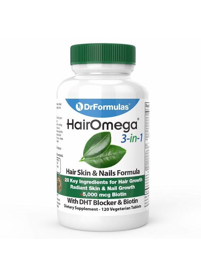 DrFormulas - HairOmega 3-in-1 Hair Growth Vitamins with DHT Blocker, Biotin for Women & Men | Hair Skin and Nails Supplement for Hair Loss, 120 Pills - Image 1
