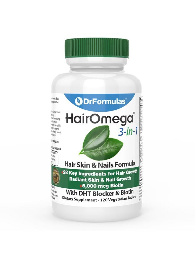 DrFormulas HairOmega 3-in-1 Hair Growth Vitamins with DHT Blocker Biotin Hair Skin and Nails Supplement for Women & Men (120 Pills) - Image 1