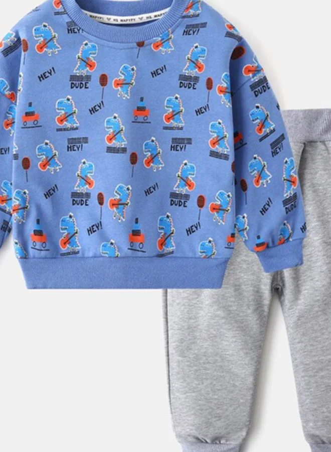 يونيكي Blue Crew Neck Long Sleeve Printed Pullover With Track Pant