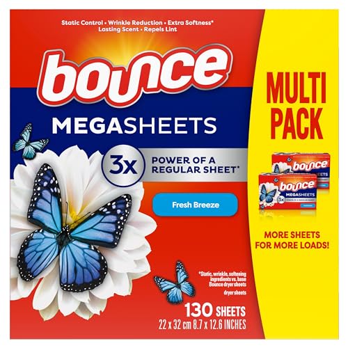 Bounce Mega Dryer Sheets, Fresh Breeze, 130 Count, Mega Fabric Softener Sheets with Static Control, Wrinkle Reduction, Extra Softness, Lasting Scent, Repels Lint - Image 1