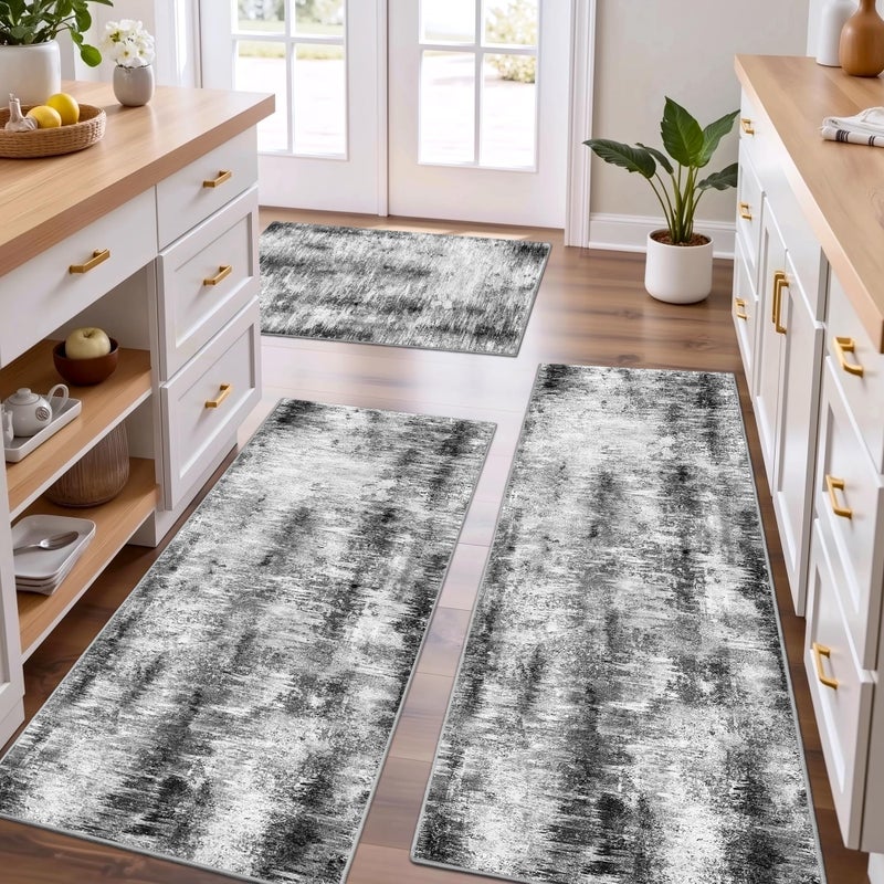 Tritard 100% Non Slip Kitchen Rugs Sets of 3 Washable Kitchen Mats for Floor Abstract Kitchen Runner Rug Soft Thick Floor Mat Set Kitchen Carpet Rugs for Hallway, Laundry, Entryway, Office, Grey - Image 1