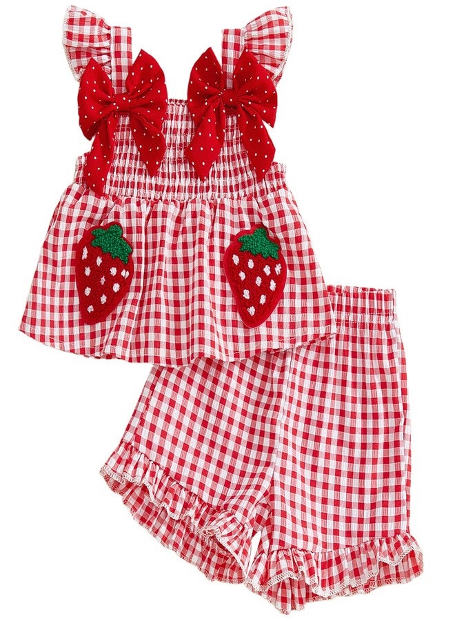 Mubineo Toddler Baby Girl Summer Clothes Cute Ruffle Shirt Tops Dress Shorts Outfits Set Fruit Blouse Princess Outfit (Red Strawberry, 18-24 Months) - Image 1