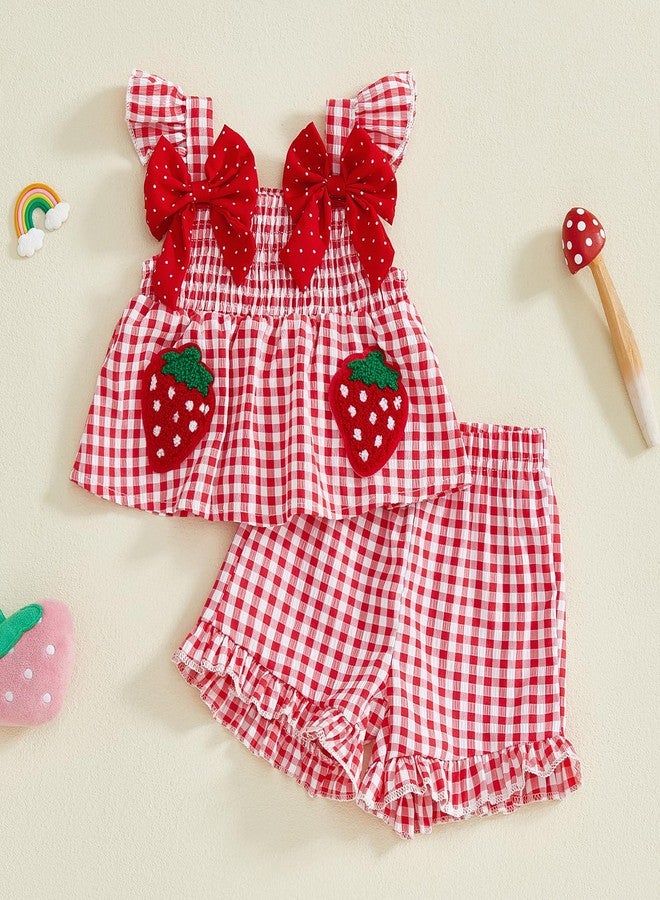 Mubineo Toddler Baby Girl Summer Clothes Cute Ruffle Shirt Tops Dress Shorts Outfits Set Fruit Blouse Princess Outfit (Red Strawberry, 18-24 Months) - Image 3