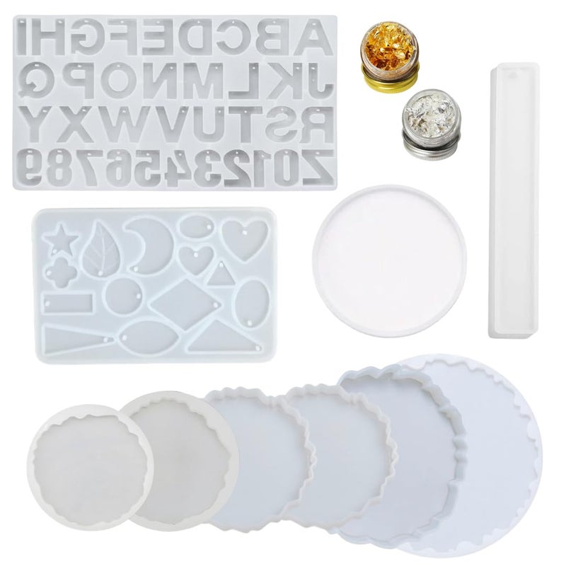 R H LIFESTYLE 13 Pcs Epoxy Resin Casting Mould Kit Resin Art Kit Resin Alphabet Mold Silicone Coaster Moulds for Resin Art Jewelry Making Mould Resin Moulds Set - Image 1