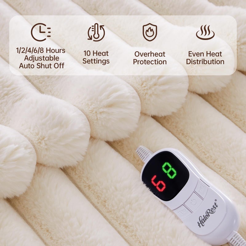 HaloRest Heated Blanket Twin Size, Faux Fur Cozy Heating Blanket with Overheat Protection, 1/2/4/6/8 Hours Auto-Off 10 Heat Level, Machine Washable (62x84 Inches, Cream White) - Image 3