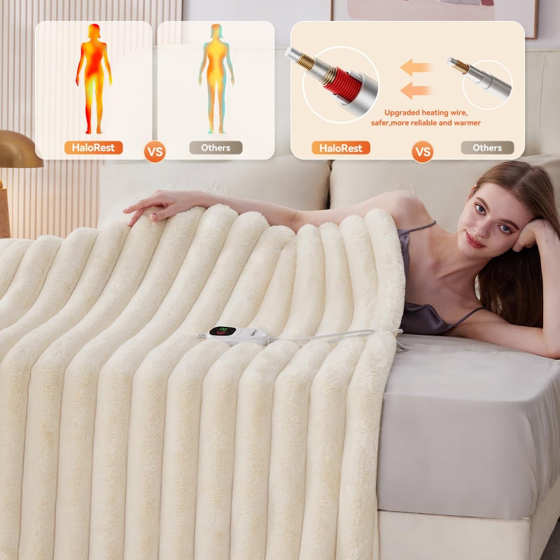 HaloRest Heated Blanket Twin Size, Faux Fur Cozy Heating Blanket with Overheat Protection, 1/2/4/6/8 Hours Auto-Off 10 Heat Level, Machine Washable (62x84 Inches, Cream White) - Image 2