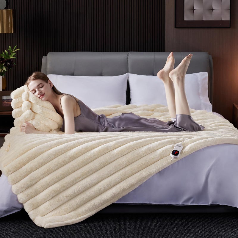 HaloRest Heated Blanket Twin Size, Faux Fur Cozy Heating Blanket with Overheat Protection, 1/2/4/6/8 Hours Auto-Off 10 Heat Level, Machine Washable (62x84 Inches, Cream White) - Image 5